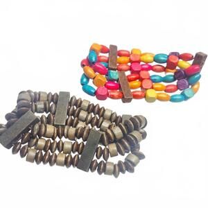 Colorful Boho Wood Bead Stretch Bracelet Set of Two